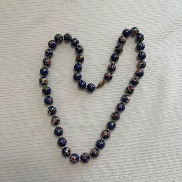 VTG Chinese Export Blue Pink Flower Cloisonne Beaded Necklace Gold Vermeil Clasp - Picture 3 of 7